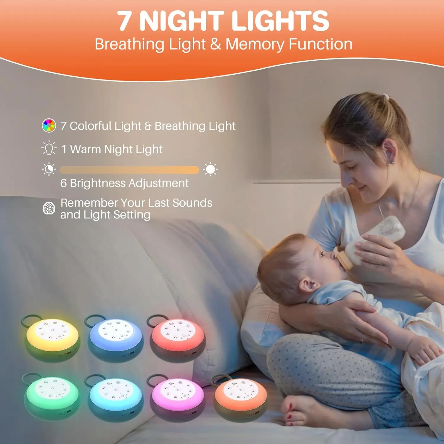 آلة صوت الضوضاء البيضاء للسفر مع 24 صوتًا مهدئًا، و7 إضاءة ليلية، ومكبر صوت لاسلكي ومؤقت للنوم