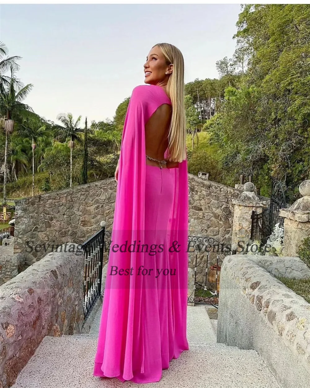 Customized Sexy Amaranth Chiffon Prom Dress Pleat Ruched Long Cape Sleeves Backless Formal Evening Dress Women Party Gowns 2023