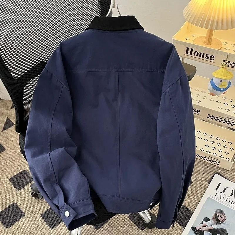 سترة عمال أمريكية كلاسيكية فضفاضة غير رسمية للرجال نمط الطيار ملابس خارجية عصرية من ألياف البوليستر بسحاب إغلاق ربيع الخريف
