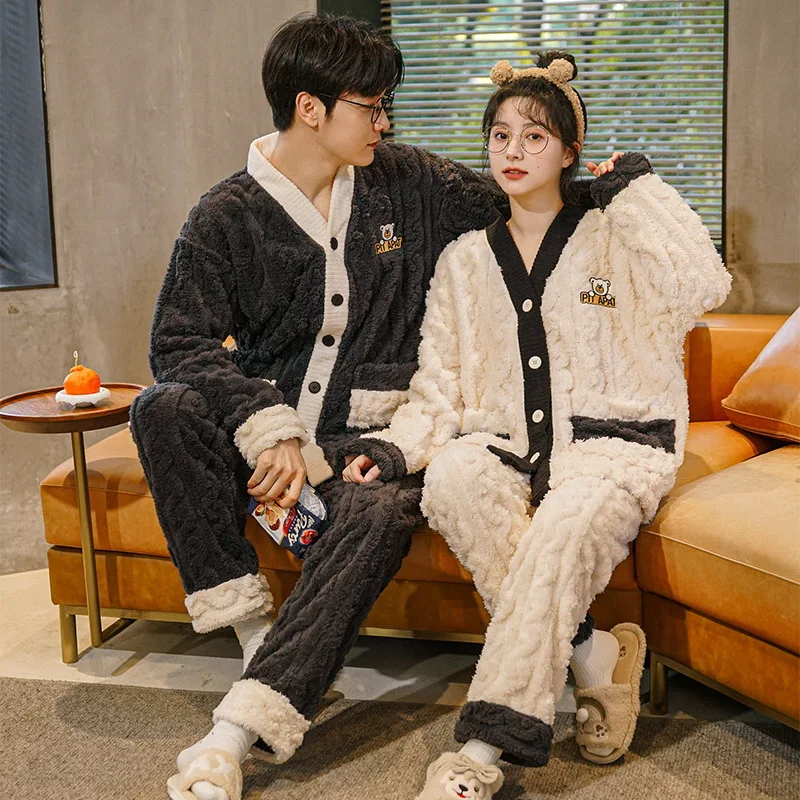 Autumn Winter Thicked Thermal Velvet Pajamas Set for Couple Kawaii Kimono Style Lovers Sleepwear Man Woman Plaid Flannel Pijamas