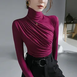 Women Turtleneck Full Sleeve Folds T Shirts Lady High Quality Elegant Elastic Tops Tees Female T-Shirt