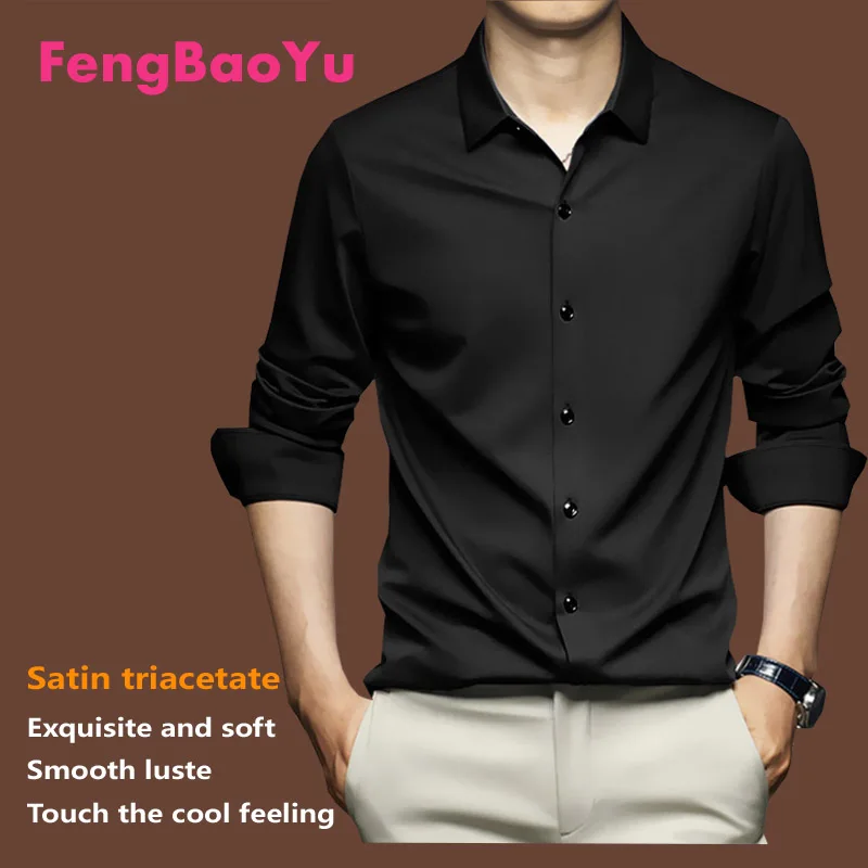 

Fengbaoyu Satin Triacetate Spring Summer Men's Long-sleeved Shirt Smooth Silk Business and Leisure Clothes for Men Good quality