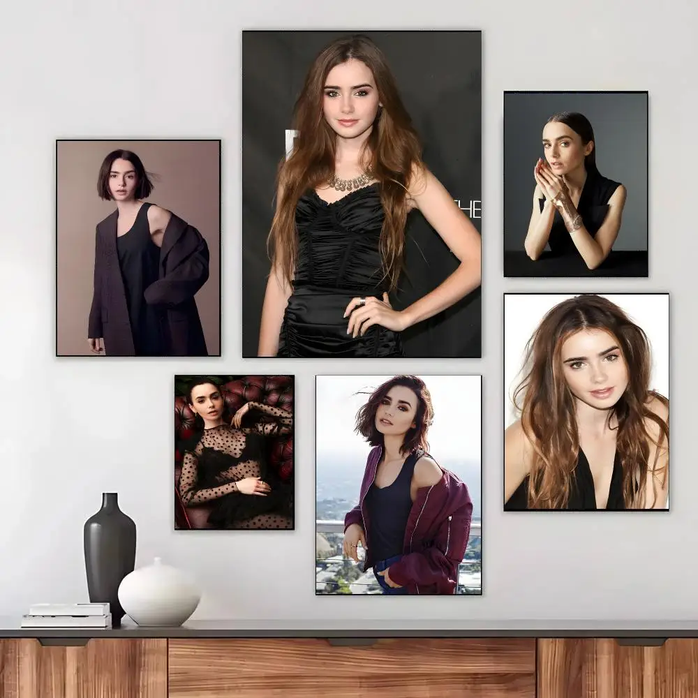 American Actor L-Lily Collins Poster Self-adhesive Living Room Bedroom Party Bar Decor Moisture-proof Fade-resistant