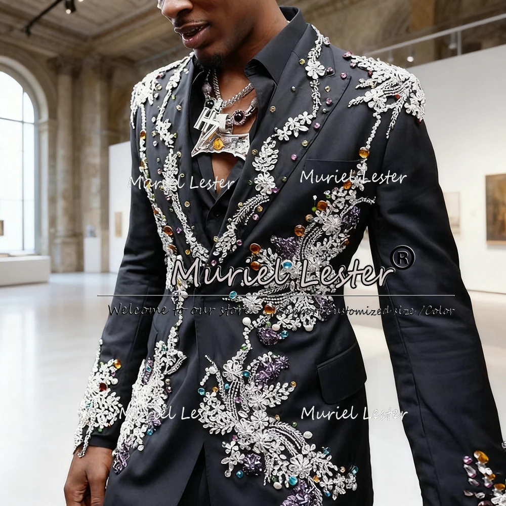 

Exquisite Jewelry Stones Suits Men For Wedding 2 Pieces Sets Single Breasted Prom Blazers Customized Man Business Party Tuxedos