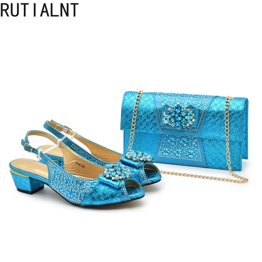 Latest Blue Shoe and Bag Set Women Italian Decorated with Rhinestone African Women Wedding Shoes Bride Plus Size Women Pumps 43