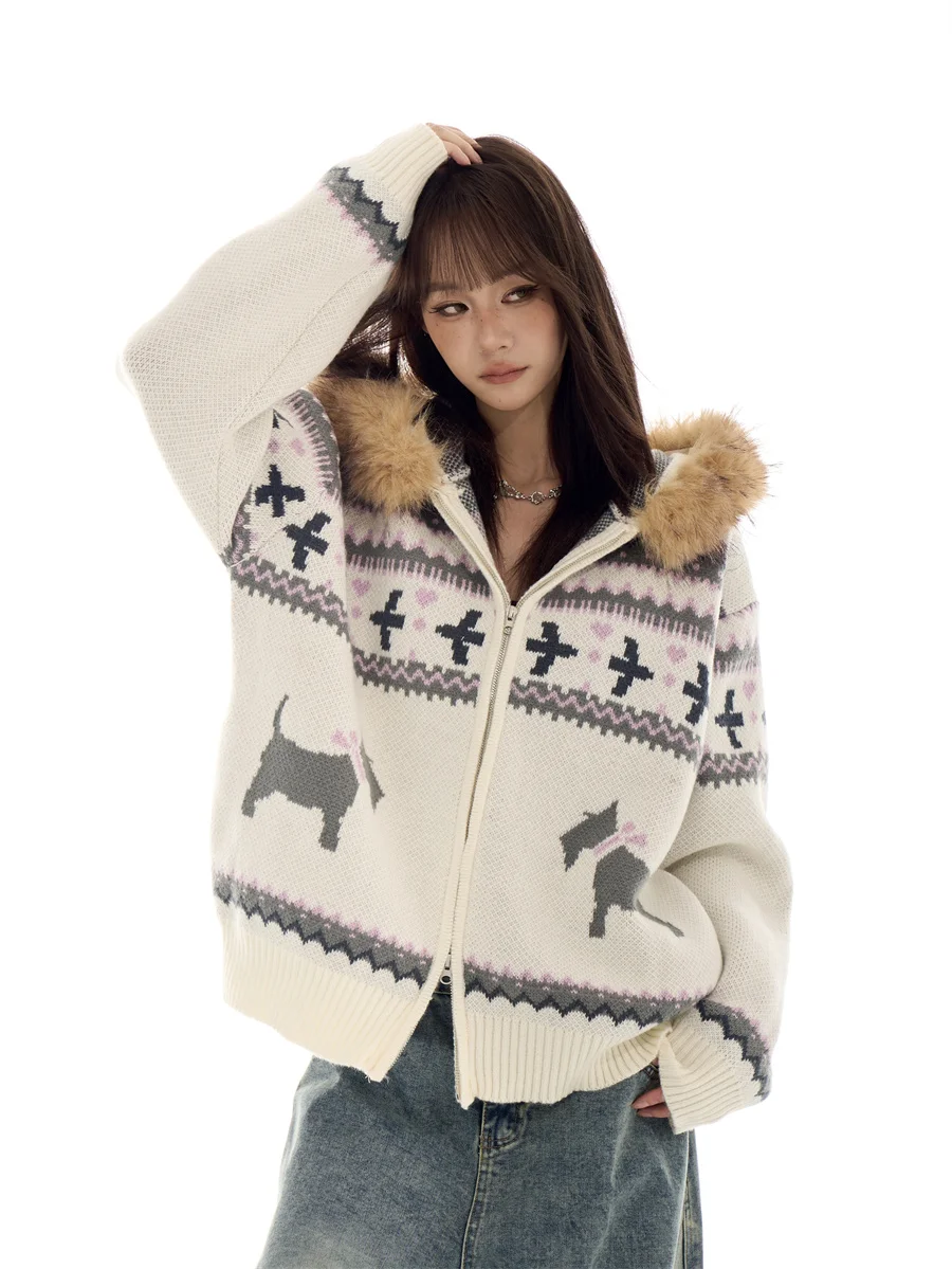 

Американский ретро Fair Isle вязаный открытый кардиган женский свободный ленивый сле осенне-зимний свитер пальто с меховым воротником