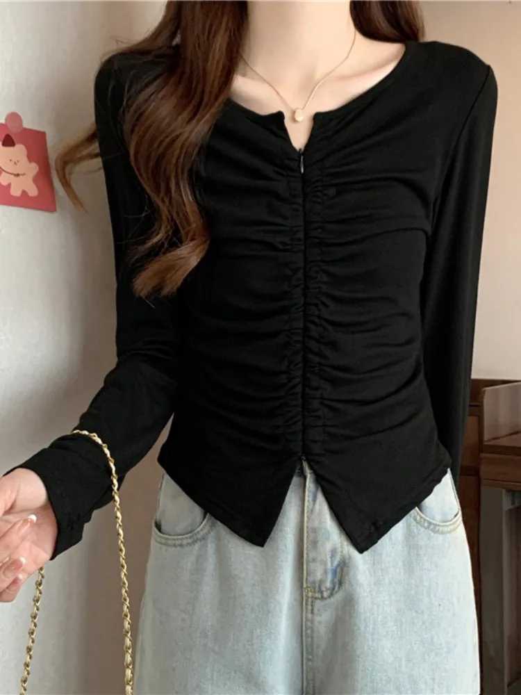 Vintage Pleated Shoulders Slim Tunic Fall Spring Long Sleeve Round Neck Women T Shirt Fashion Harajuku Bodycon Clothes Euro Size