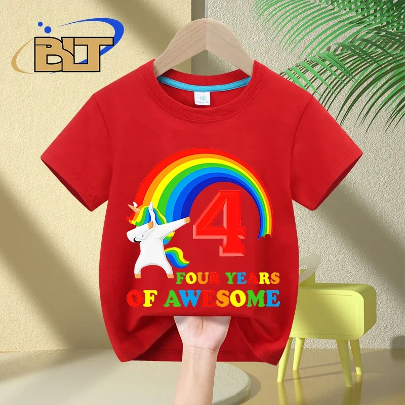 Camiseta de algodón con estampado de unicornio para niños, top informal de manga corta, 4 regalo de cumpleaños, Verano