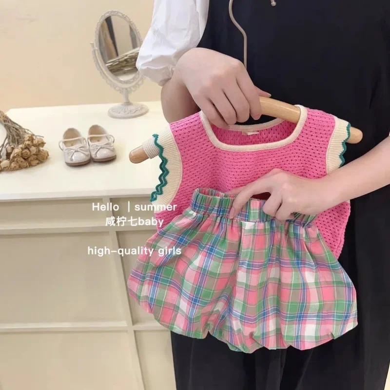 Girl's suit Korean summer simple pink knitted vest   plaid bud shorts two-piece set for outer wear in sports and leisure style