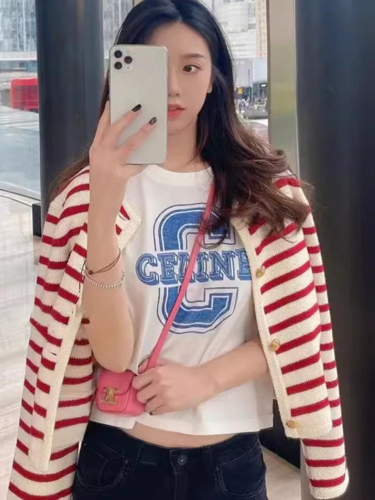 Женский полосатый кардиган с длинными рукавами и круглым вырезом на пуговицах, вязаный женский осенне-весенний вязаный однобортный кардиган, корейские короткие свитера