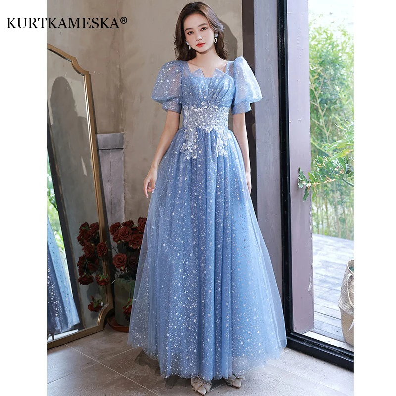 

Luxury Blue Evening Long Dress Short Sleeves Elegant Ankle- length Long Party Show Dresses for Women Formal Party Gowns Dresses
