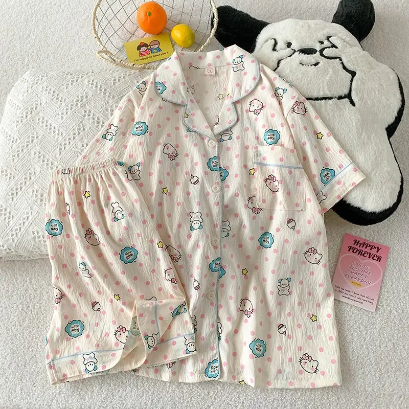 

Sanrio Hello Kitty Cotton Pajamas for Women Pyjamas Summer Nightie Short Sleeve Shorts Sleepwear Cartoon Nightwear Home Suit New