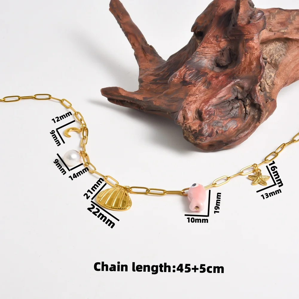 Personality Stainless Steel Natural Pearl Shell Ceramic Fish Starfish Moon Chic Necklace No Fade Collares Mujer Accessories Gift
