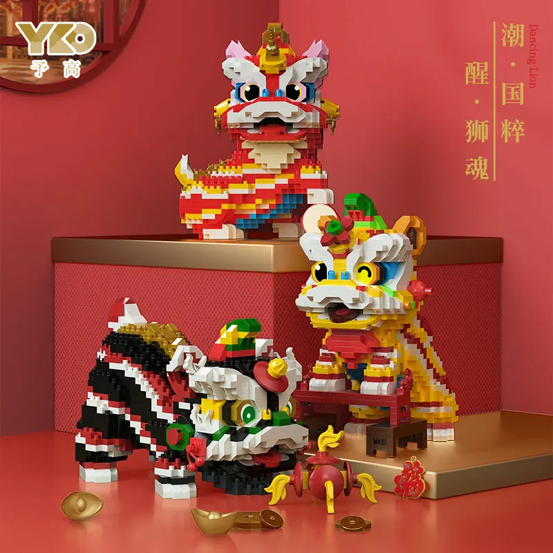 Chinese Traditional Festivals Mascot Dancing Lion Auspicious Dragon Model Building Blocks Gifts Micro Bricks Puzzle Toy For Kids