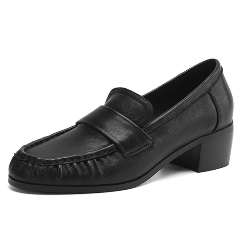 

2026 Spring Women's Loafer Shoes Med Heels Solid Slip On Round toe Latex Insole Work Oxfords Dress Shoes Genuine Leather