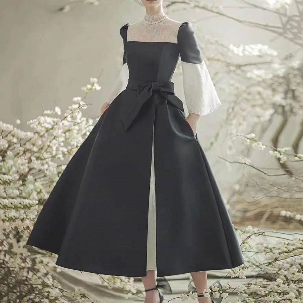 

New Black A-line Evening Party Dress 2024 High Neck Tea-Length Bowknot Lace Satin Formal Prom Gown Birtdhay Wear Robe De Soiree