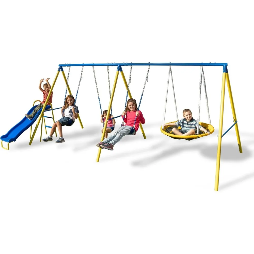 

Triple Swing and Saucer Metal Swing Set: 3 Swings, 1 Flying Saucer Swing, 1 Wavy Slide - Exceeds ASTM Safety