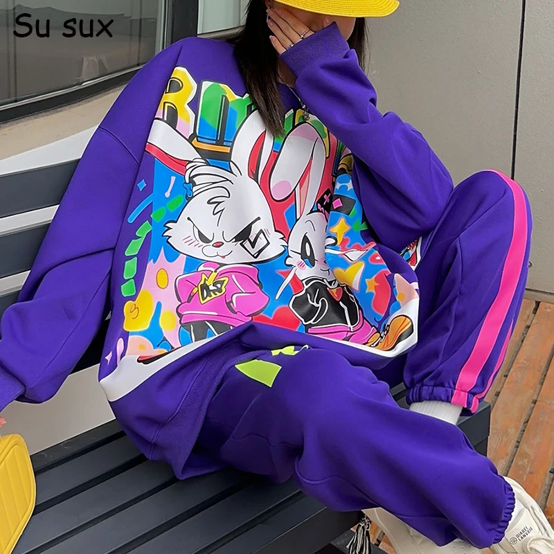 Fashion Trend Cartoon Print Oversized Pants Sets Outfits Women 2024 Autumn Sweatersuits Y2k Clothes Streetwear Hip Hop Bust132cm