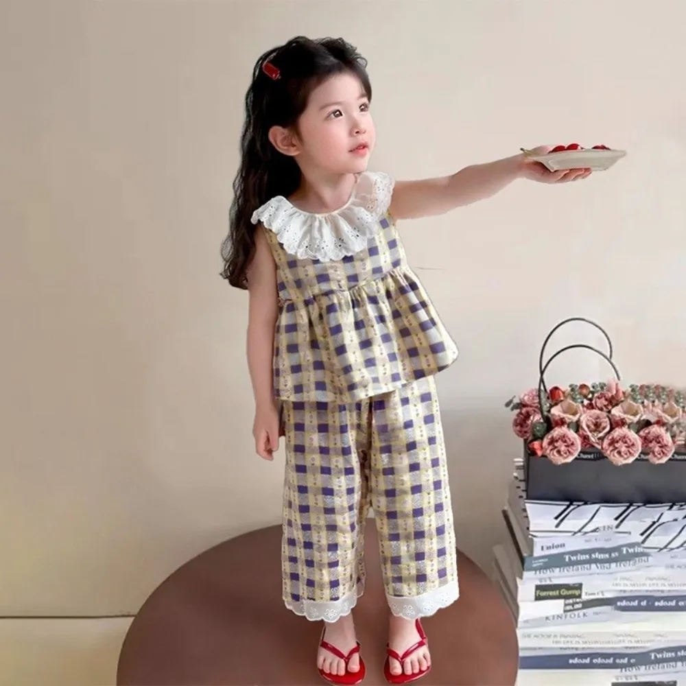 With Floral Print Tops and Pants 2 Piece Set Thin Casual Girls Clothes Sets Lace Collar Sleeveless Children Suit Princess