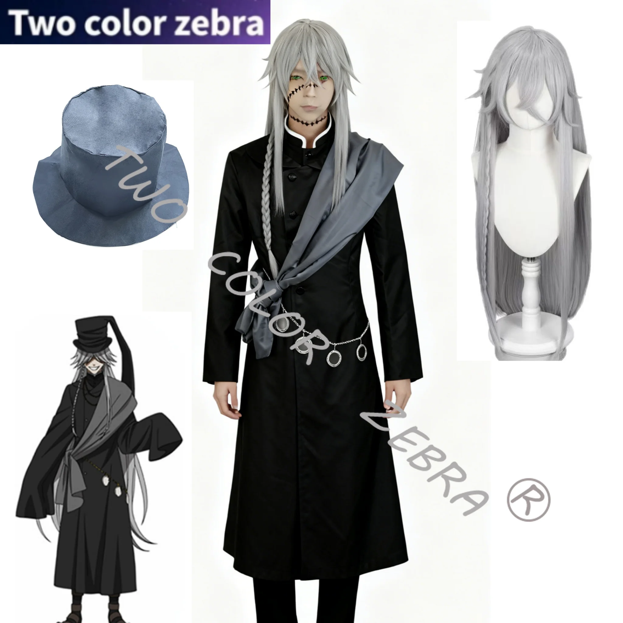 

Black Kuroshitsuji Undertaker Cosplay Costume Wig Black Coat Hat Full Set for Christmas Halloween Party Role Play Clothe