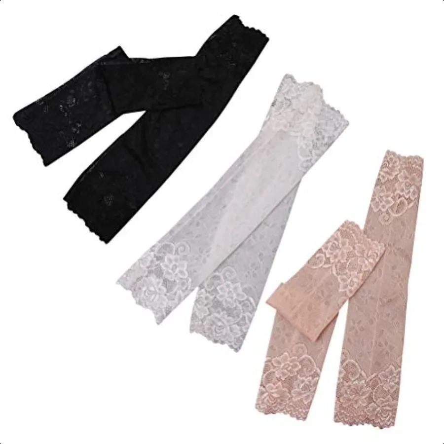

3 Pairs lace arm sleeves breathable arm cover elbow protector for sun protection khaki black white