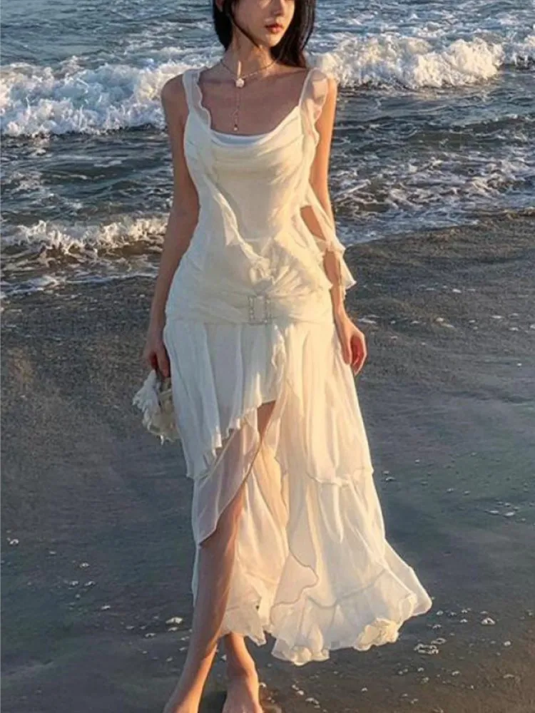 

Women Elegant Sexy Asymmetrical Slip Dresses Summer 2025 New Fashion Backless Ruffles Holiday Beach Party Prom Split Long Dress