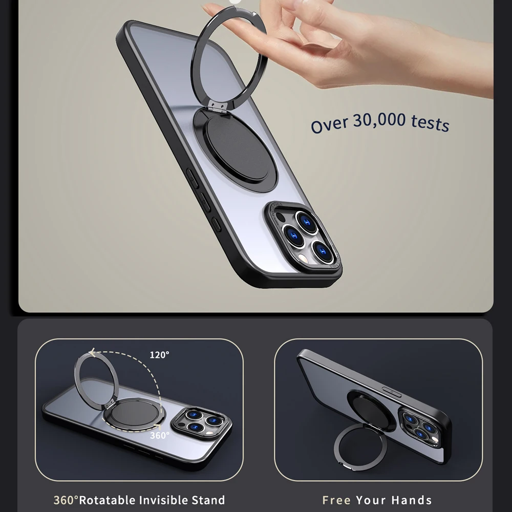 KEYSION Shockproof Matte Case for MagSafe for iPhone 15 Pro Max 14 13 12 11 360 ° Rotating Magnetic Ring Transparent Phone Cover