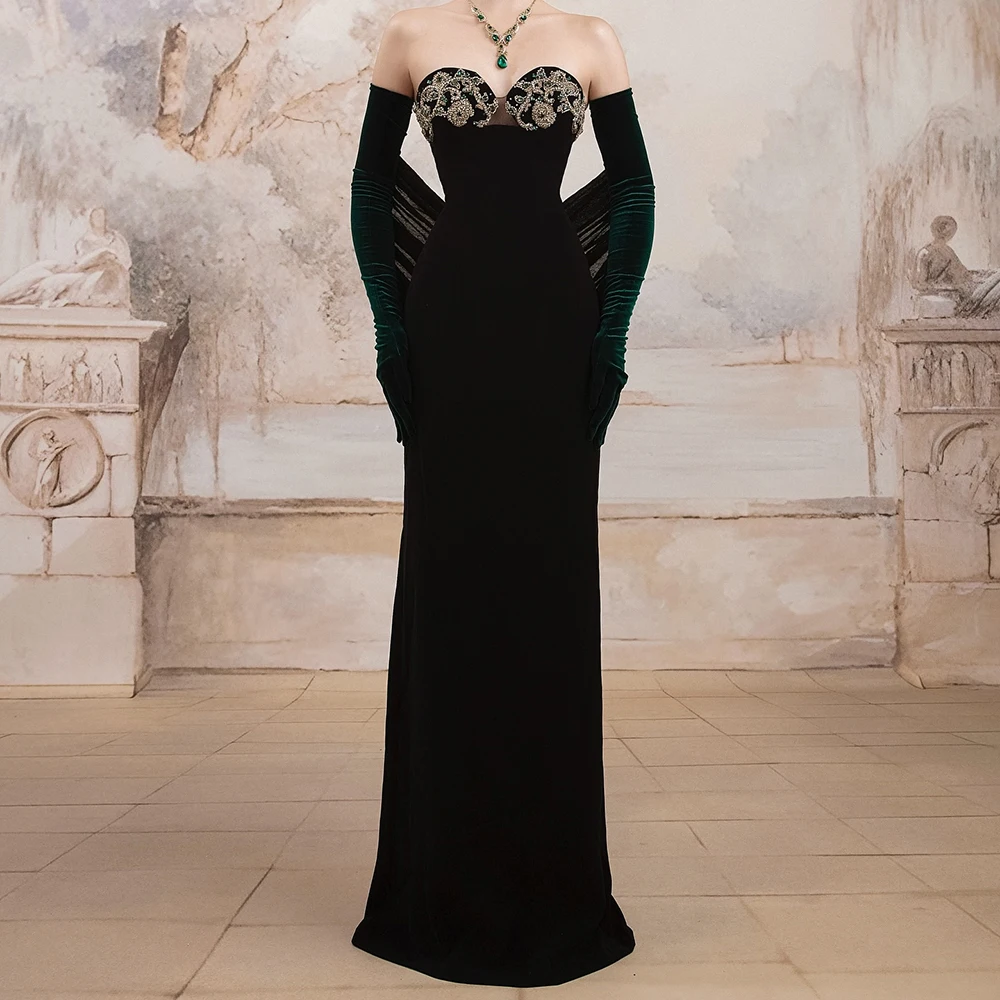 

Вечерние платья трапециевидной формы по индивидуальному заказу, длиной до пола, без бретелек, с длинными рукавами, платье для выпускного вечера, модное простое драпированное вечернее платье с кристаллами и бисером