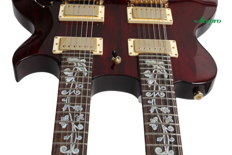 Acepro Double Neck Electric Guitar, Wine Red 6 String Guitarra+ 12 String Guitar Combo, Gold Hardware, Abalone Custom Stem Inlay