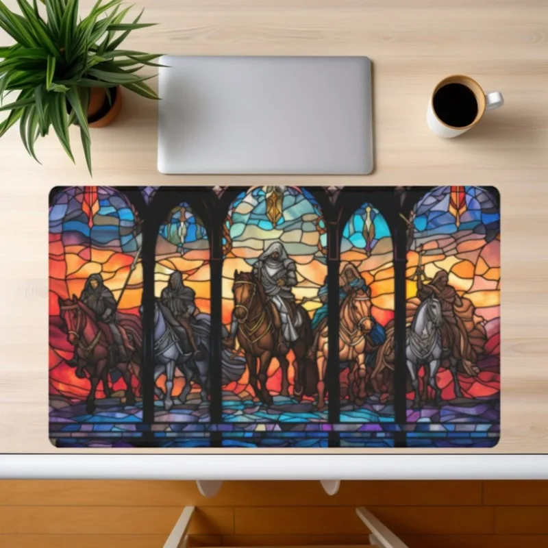 Stained Glass Knights Desk Mat MTG Playmat  TCG Gaming Mat Lorcana Gift for Gamer Colorful Fantasy Art Office Accessory