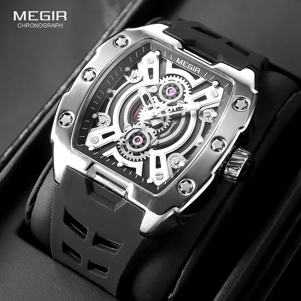 MEGIR Waterproof Lumious Watch for Men Fashion Sport Quartz Wristwatch with Silicone Strap Hollowed-out Dial Tonneau CaseMN8116G