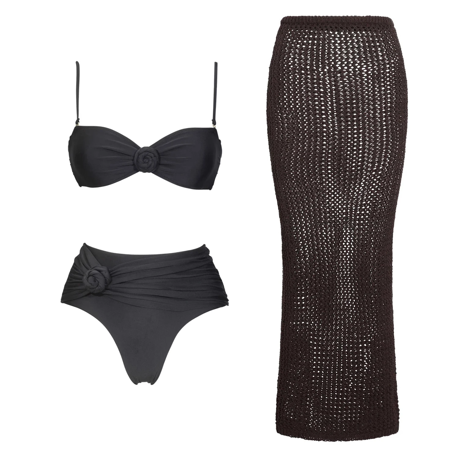 

3Pcs Black Flower Bikini Women Sexy Swimsuit Push Up Swimwear Female Crochet Skirt Bandeau Biquini Solid Bathing Suit Beachwear