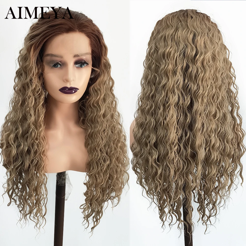 

AIMEYA Ombre Grey Loose Wave Wig Long Synthetic Lace Front Wig Natural Hairline Side Part Brown Roots Wig Synthetic Cosplay Wigs