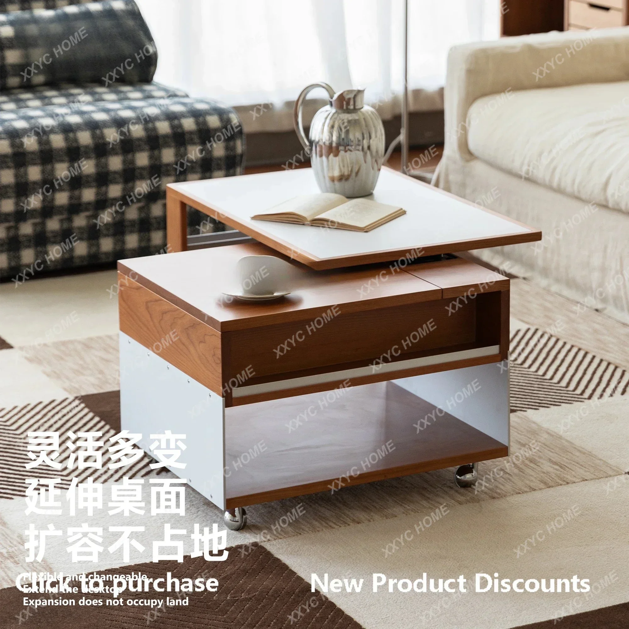 AAC06 Adjustable Rotating Solid Wood Rock Slab Coffee Table For Home Living Room