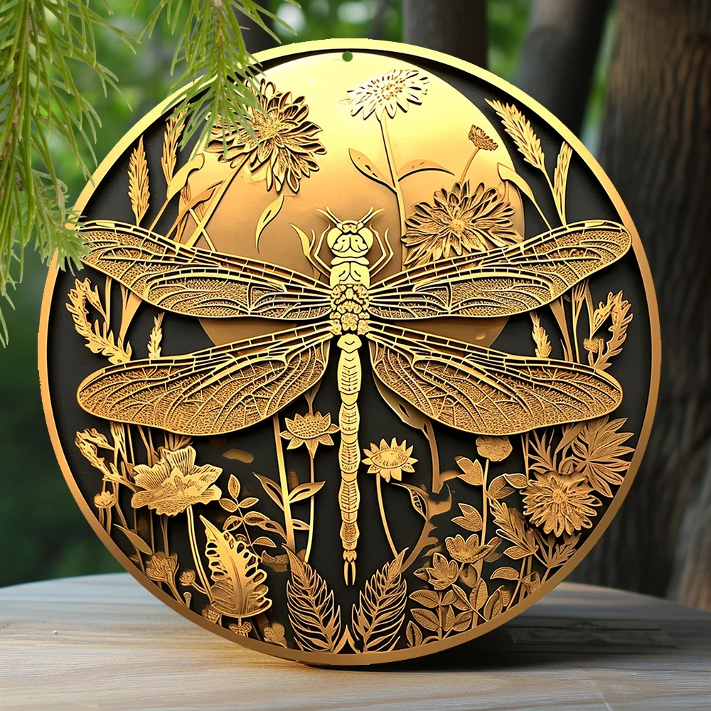 

Aluminum Tin Sign Stamping Papercut Art Painting Round Wreath Decorative Sign Living Room Decor Dragonfly Theme Decoration Q110