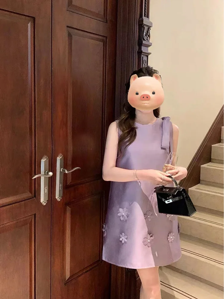 فستان صغير أنيق ثلاثي الأبعاد برقبة دائرية ، بدون أكمام ، خزان قصير ، فستان حفلات ، موضة صيفية ، بيج ، أرجواني ، عطلة