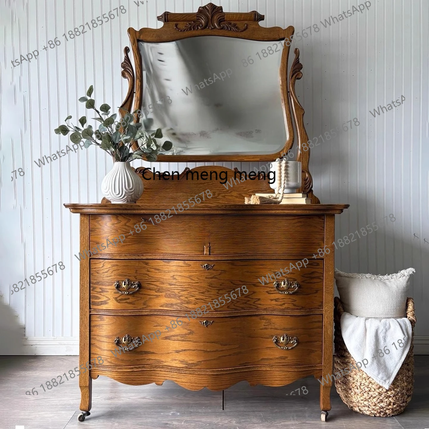 

French retro solid wood dresser ash wood makeup table bedroom with makeup mirror locker