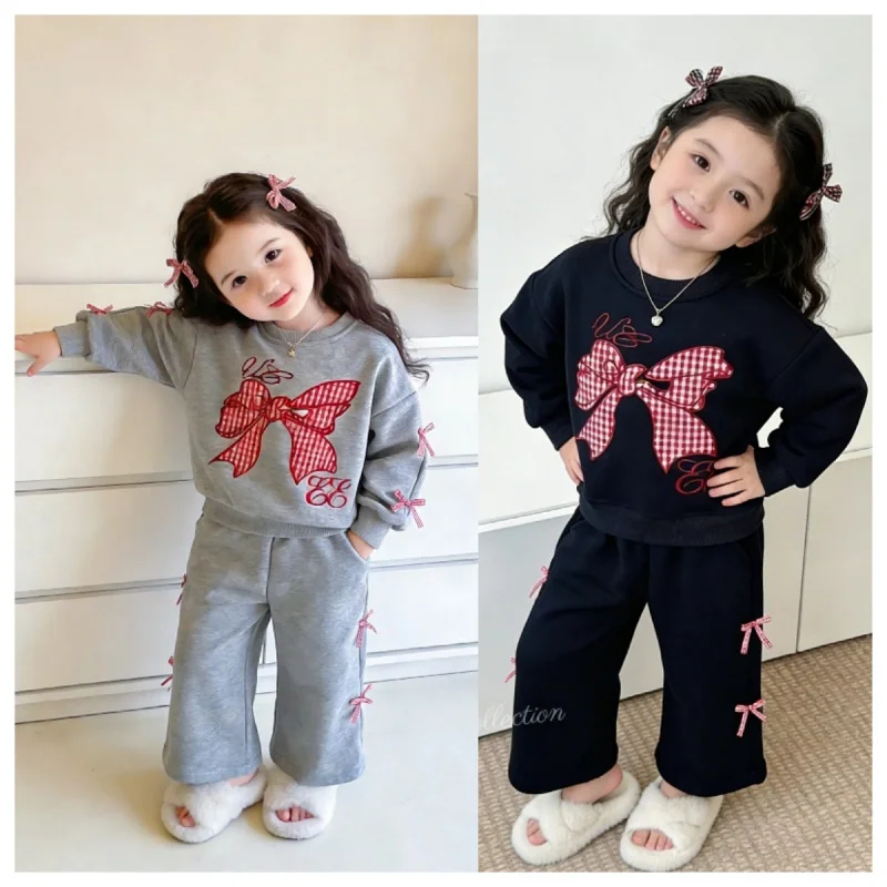 

Girls' sweatshirt set2026Spring and Autumn New Style Children's Bowknot Top and Casual Sweatpants Two-Piece Set
