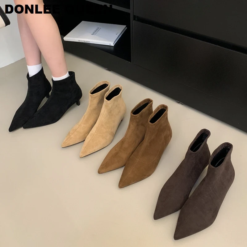 Stretch Boots Women Low Heel Pointy Shoes Women Pointed Toe Kitten Heels Short Booties European Chelsea Ankle Boot Zapatos Mujer