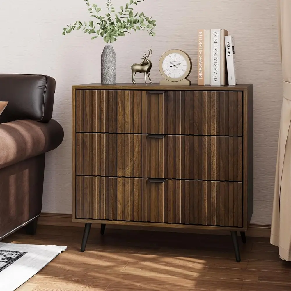 3 Drawer Wooden Chest - Large Nightstand Organizer for Bedroom, Closet, Hallway, Entryway in Walnut Finish