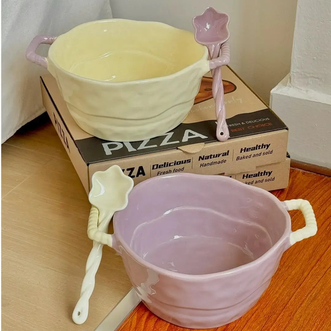 Ceramic Double Ear Soup Bowl Underglaze Color Process Household Large Capacity Soup Pot Salad Fruit Korean High-quality Bowl