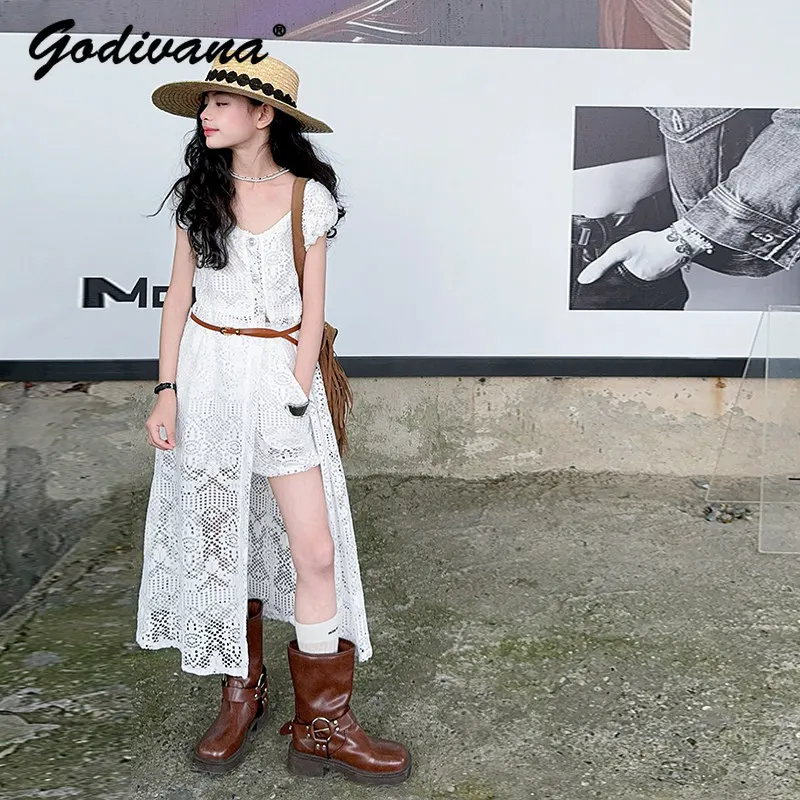 Teens Girls Boho Hollow-out Sundress Lace Puff Short Sleeve V Neck Long Slit Cover Up Dress Kids Vacation Beach Set with Belt