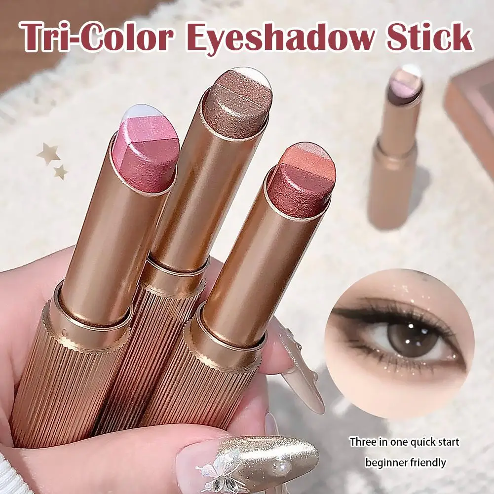 Three Color Gradient Pearlescent Eye Shadow Stick Water&Sweatproof, Non-smudge Three Dimensional Natural Lazy Eye Shadow Pen