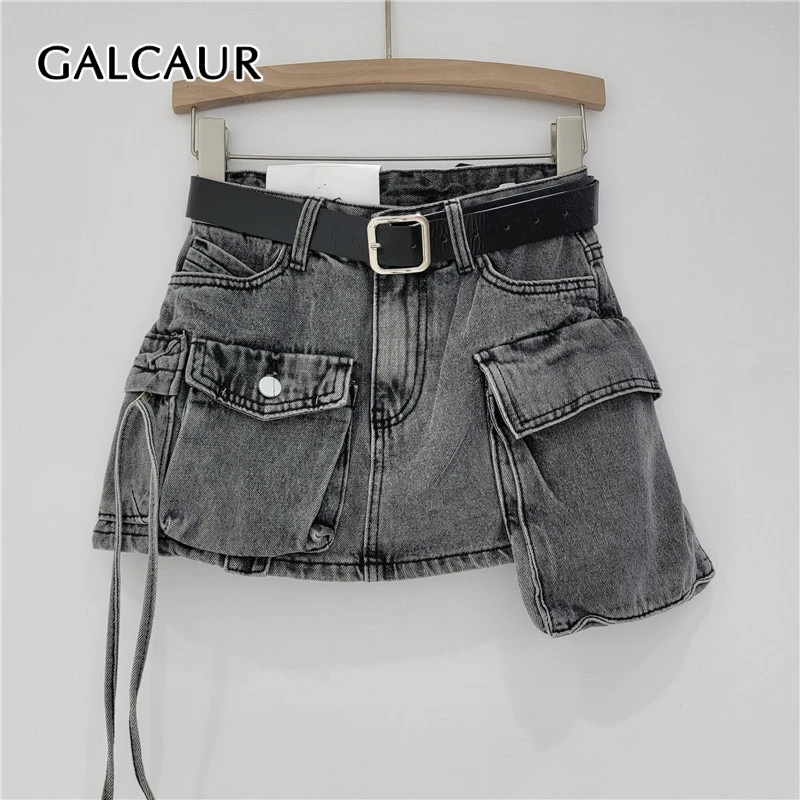 

GALCAUR Solid Slimming Spliced Pocket Cowboy Skirts for Women High Waist Patchwork Button Irregular Skirt Female Fashion Clothes