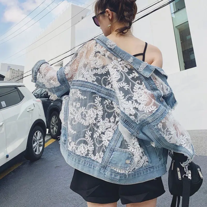 Mesh Embroidery Hole Denim Jacket 2025 Summer Lace Stitching Girlish Top
