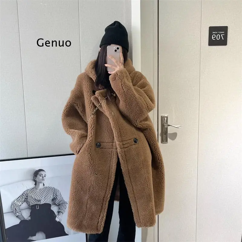 

Women's Autumn Winter New Fashion Y2K Warm Outerwear Mid-Length Hooded Shearling Coat Wool Blend Lamb Fur Jacket