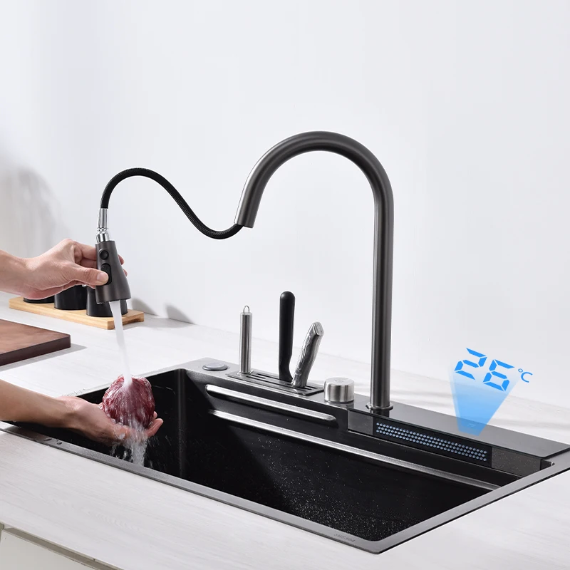 New Techology Model Multi Function Smart Kitchen Sink Ss304 Nano Black Basin Hydro Purification Kitchen Handmade Sink