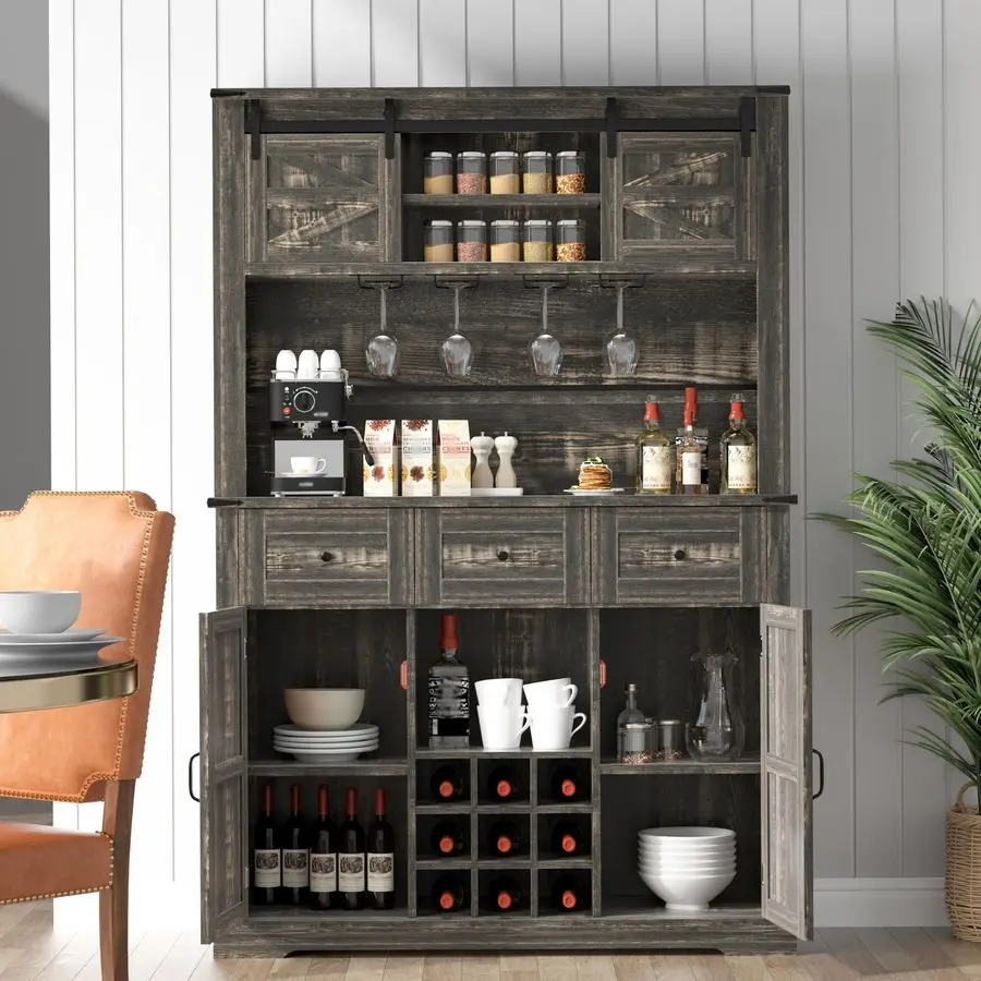 

Coffee Bar Cabinet,72 Kitchen Hutch with Storage, Buffet Sideboard Cupboard with Adjustable Shelves, Sliding Barn Door, Wine amp