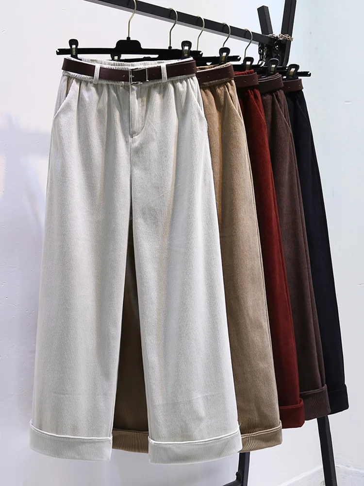 

Corduroy High Waisted Straight Women Pants Autumn Winter New Commuting Loose Wide Leg Pants Edge Curl Trousers