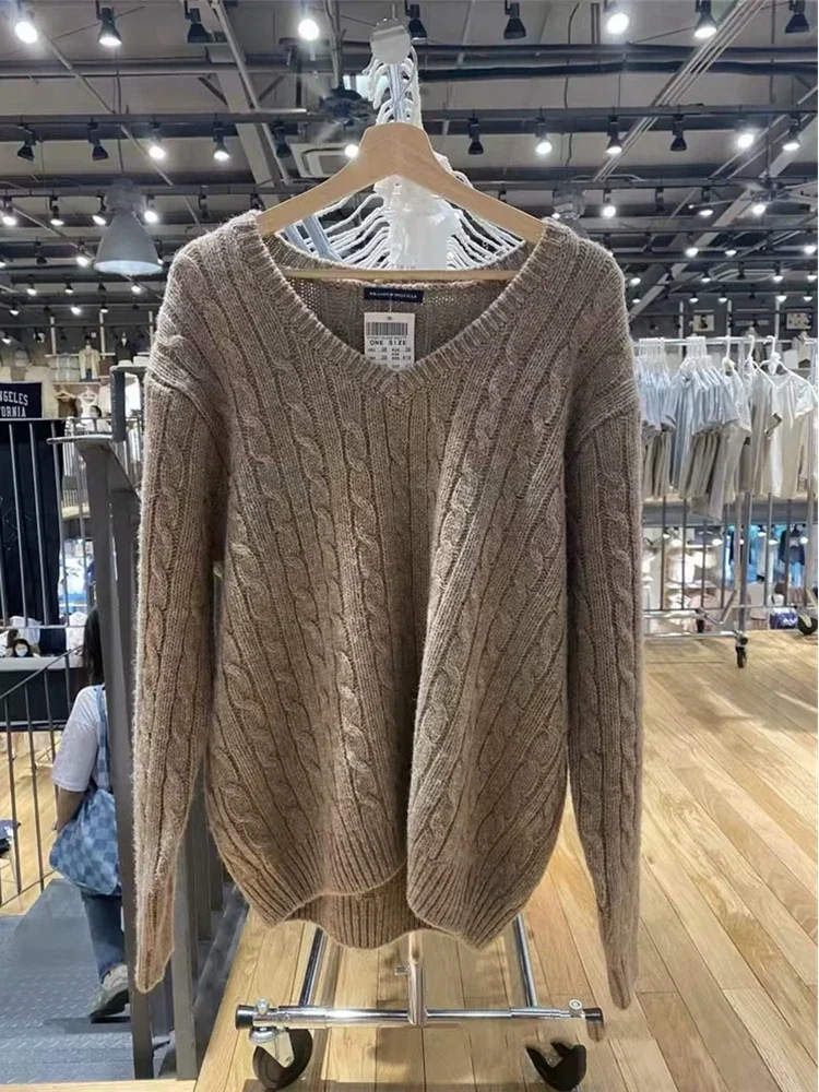 Casual kobiety jednolity kolor dekolt w szpic swetry z dzianiny 2023 jesienna elegancki, szykowny z długimi rękawami swetry damskie luźna dzianina w